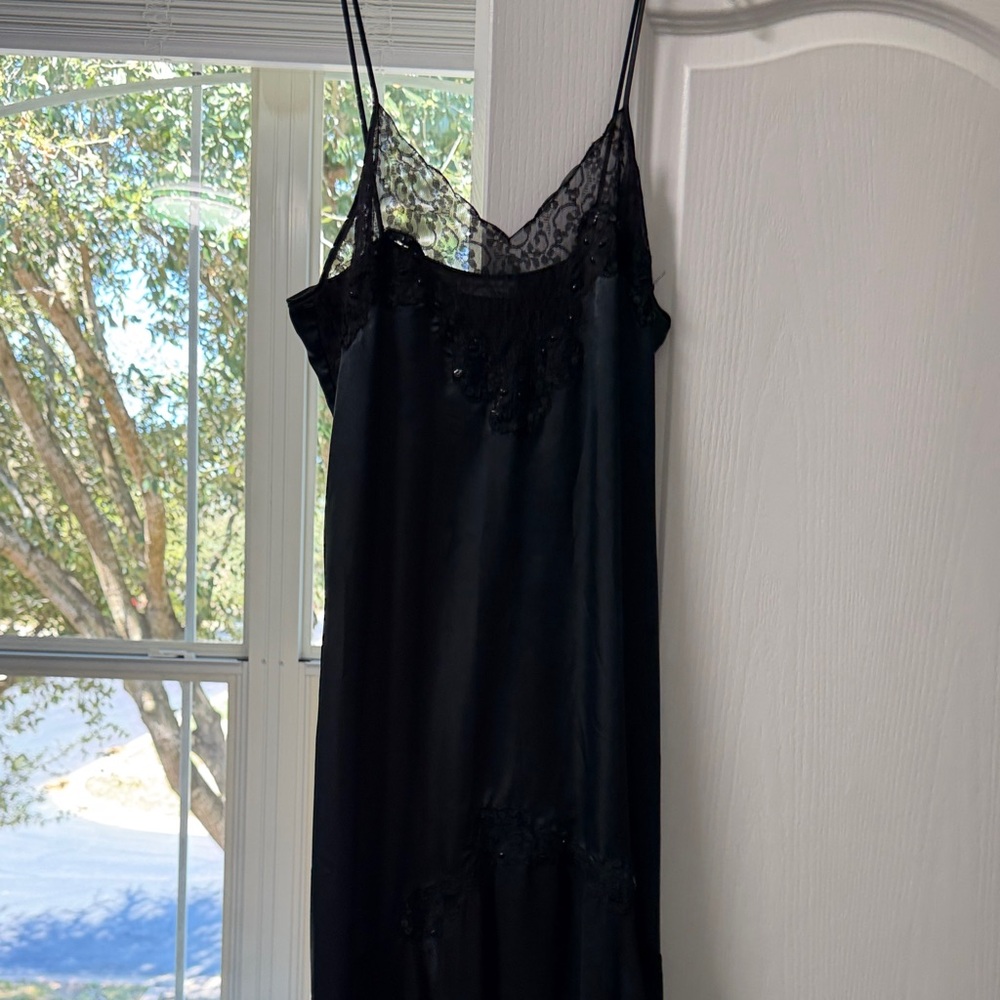 Black Lace-Trim Satin Chemise Slip
